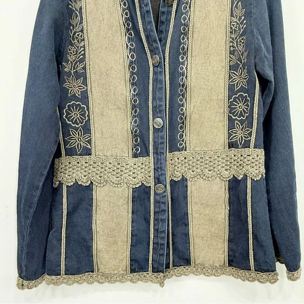 Parsley & Sage Blue Tan Cotton Denim Embroidered Lightweight Boho Jacket
